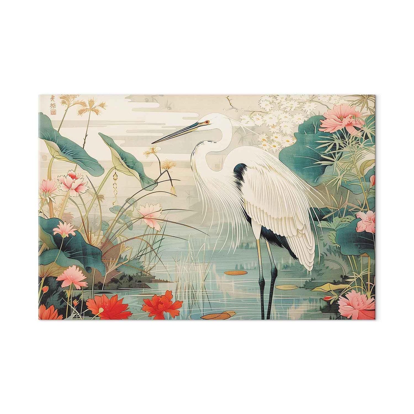 Wandbild XXL - By an Asian pond - an illustration in the style of a Japanese engraving, depicting a heron