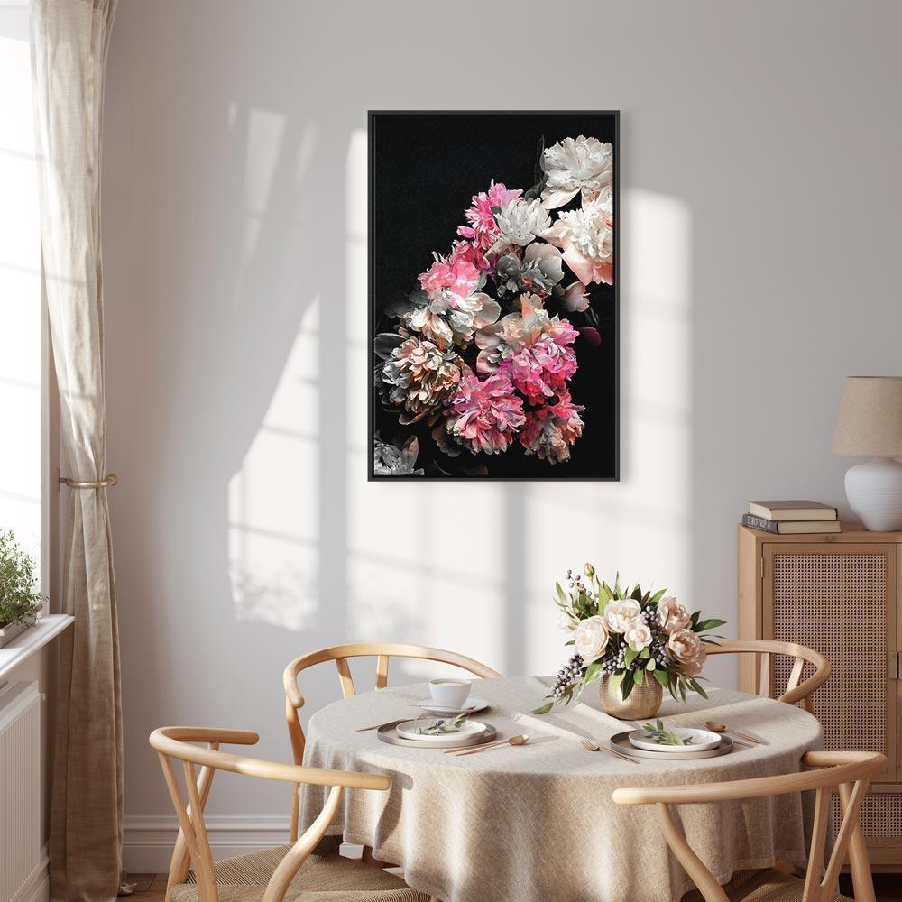 Leinwandbild - Peony Charm (1-part) - Colorful Bouquet on Black Background