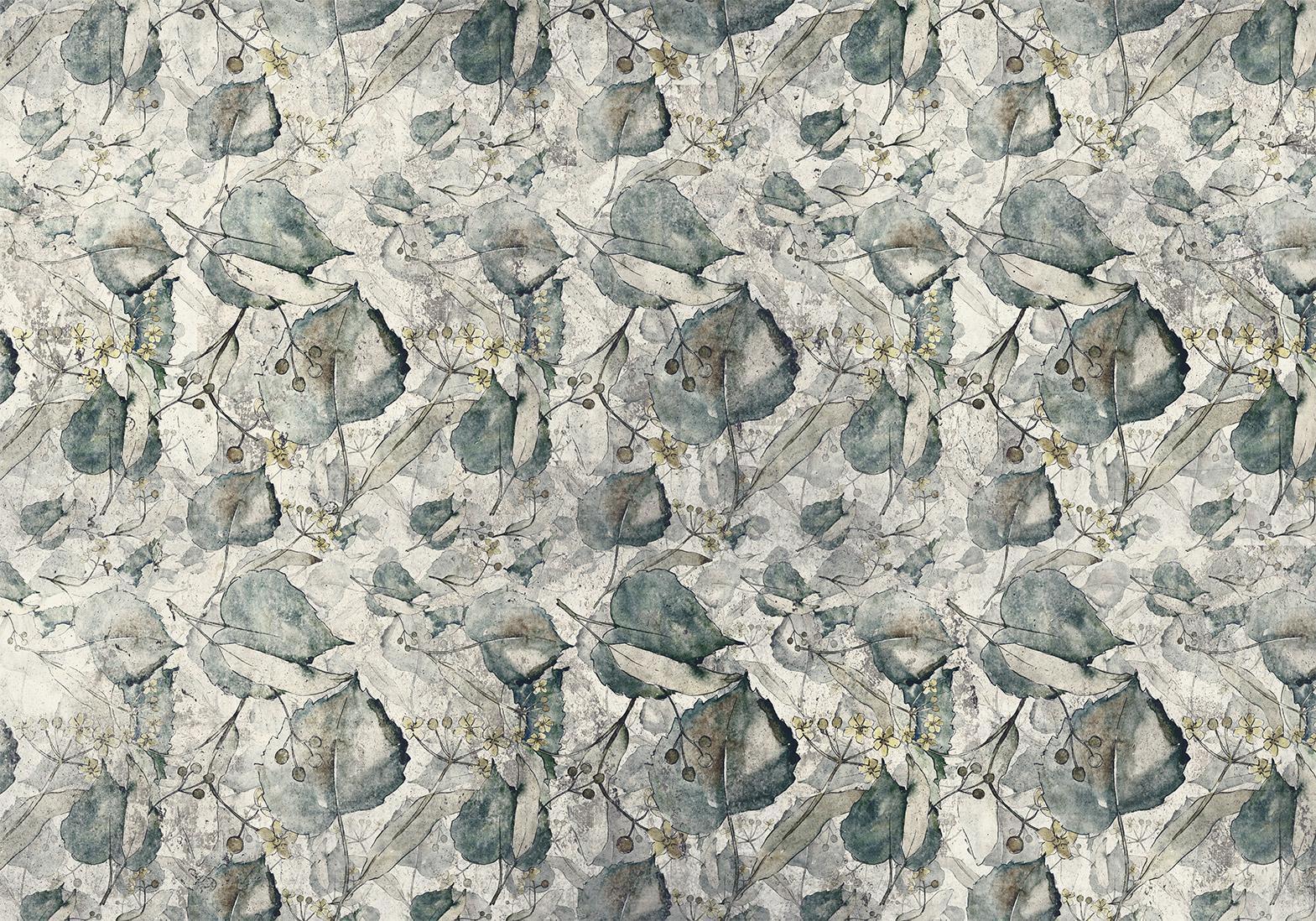 Fototapete - Autumn souvenirs - cool grey floral pattern with leaves Artgeist