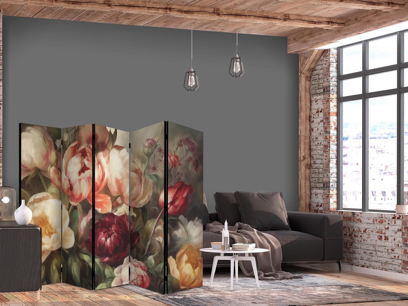 Paravent - Blooming Peonies - Charismatic Flowers Bathed in Sunlight Artgeist