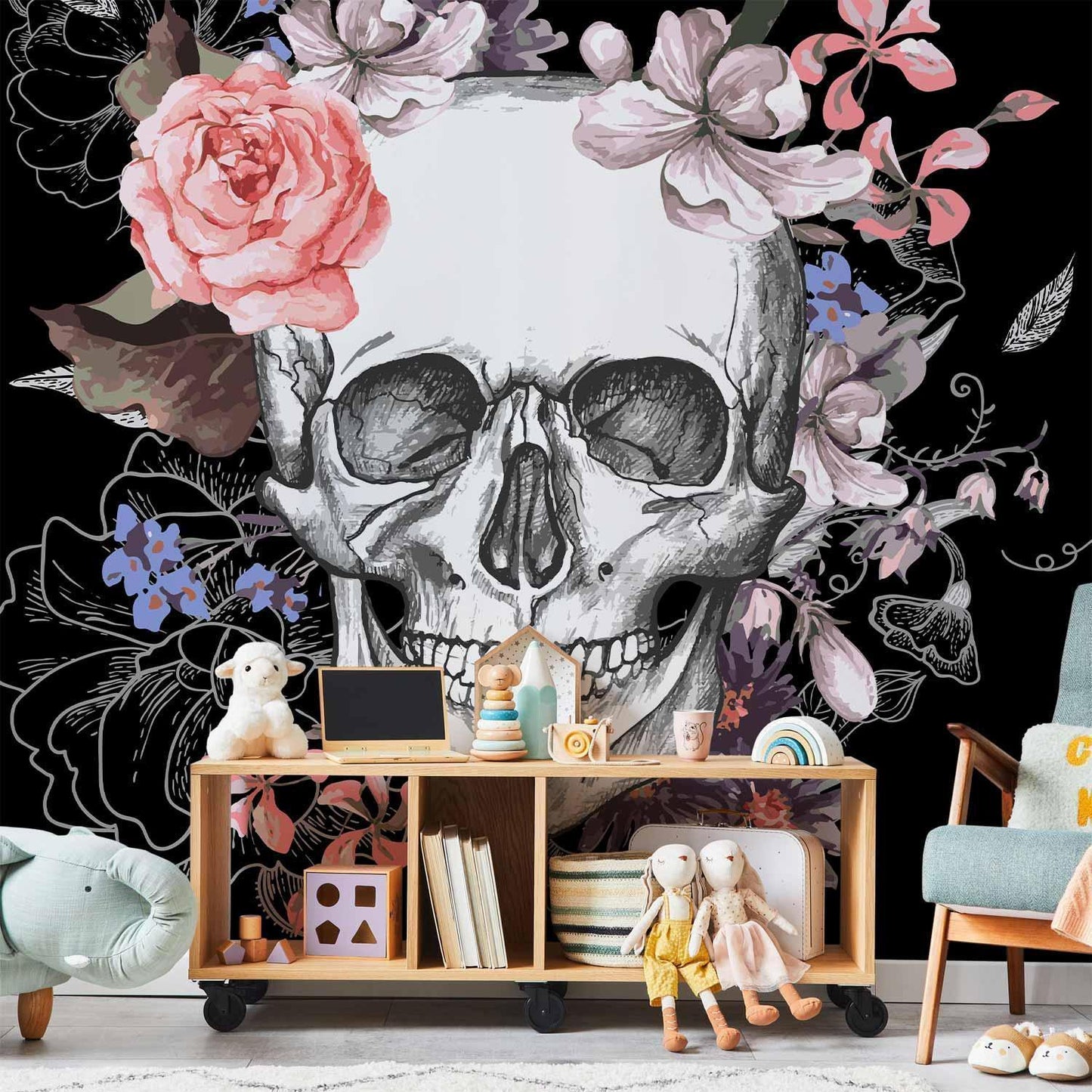 Fototapete Skull and Flowers – Schädel & Blumen in künstlerischem Kontrast