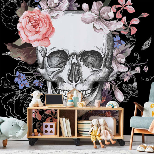 Fototapete Skull and Flowers – Schädel & Blumen in künstlerischem Kontrast