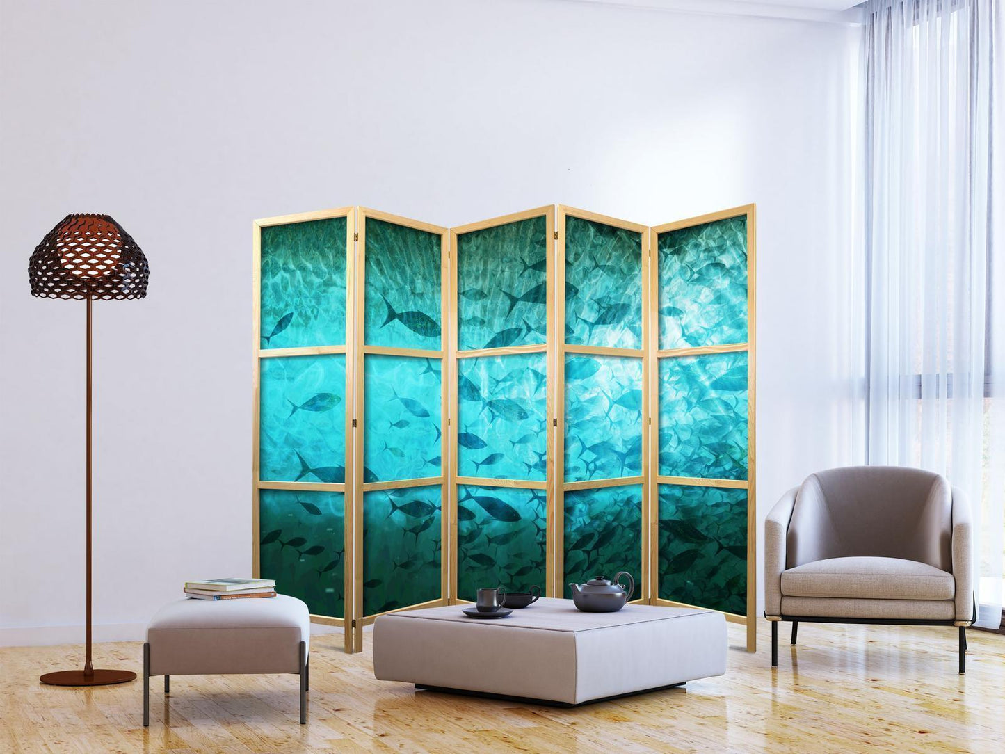 Japanischer Paravent - Underwater Paradise - Numerous Schools of Fish in a Beautiful Turquoise-Blue Depth Illuminated by the Sunlight