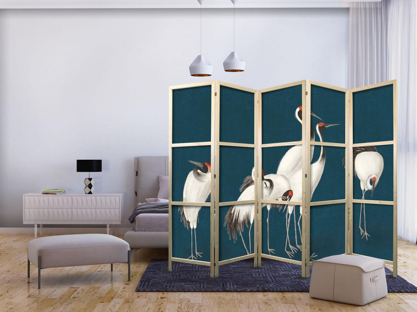 Japanischer Paravent - Evening by the pond - a group of cranes drawn with dry pastels on a dark turquoise background