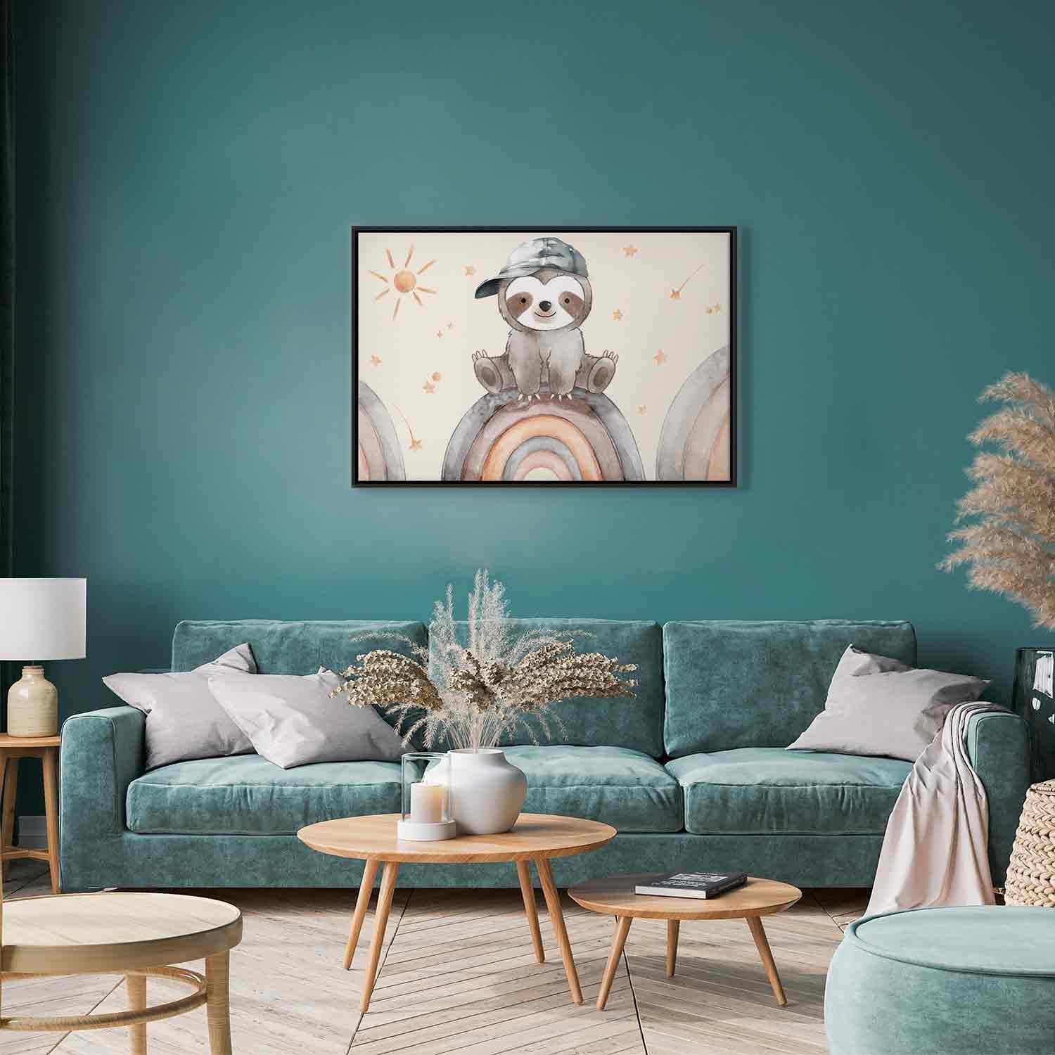 Leinwandbild - Happy Sloth - Sloth in Subdued Colors Wearing a Cap Sitting on a Rainbow Among Little Stars Artgeist