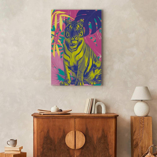 Leinwandbild - Colorful Tiger - Intense Colors of a Tiger Surrounded by Tropical Plants Artgeist