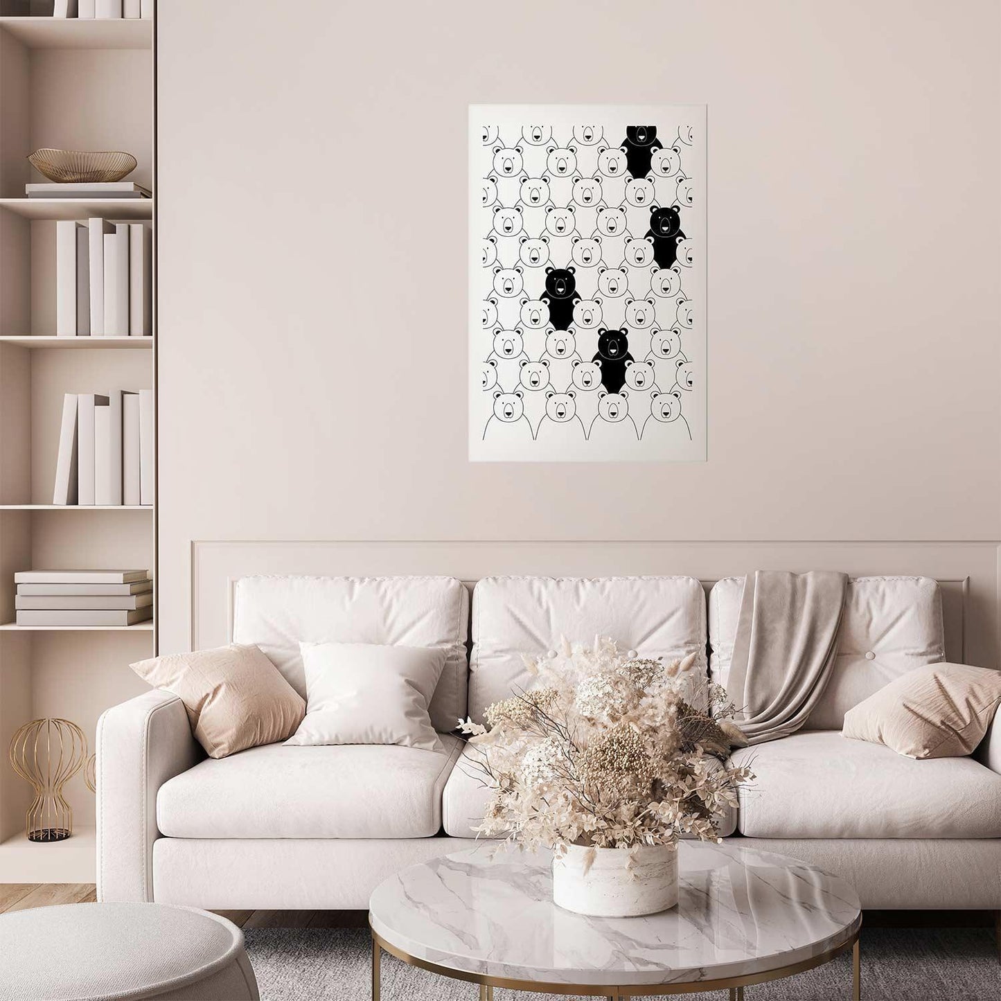Abstract "Stranger in the Flock" poster in elegant living room decor.