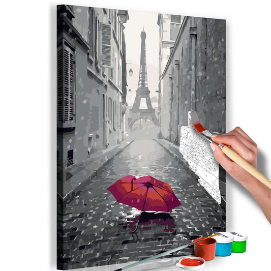 Wandbild zum Ausmalen Paris Red Umbrella Dekoration - romantische Pariser Straße mit rotem Regenschirm als Wandschmuck