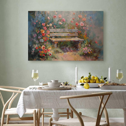 Leinwandbild - Flowery bench - impressionist painting full of flowers