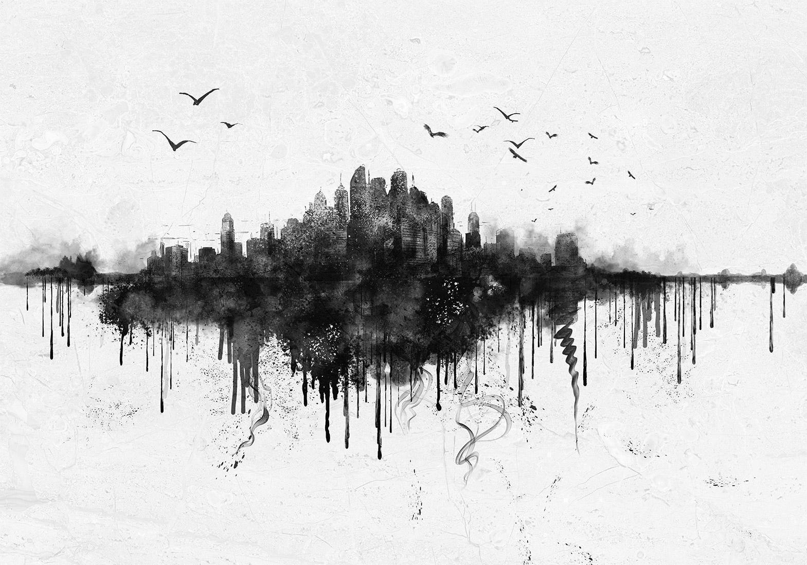 Fototapete - Großstadt - Abstrakte Skyline in Schwarz mit Wasserfarbe Artgeist