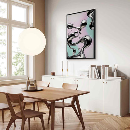 Leinwandbild - Metallic Fluidity - Abstract Silver Forms on a Mint-Purple Background