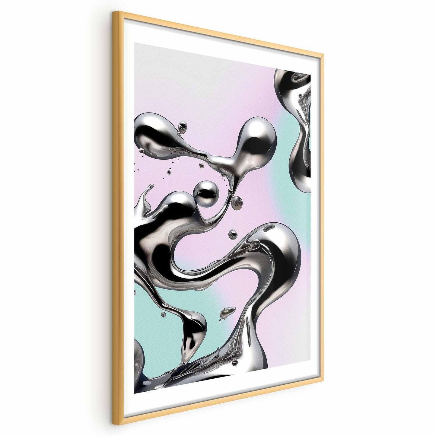 Poster - Metallic Fluidity - abstract silver forms on a mint-purple background