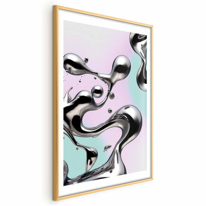 Poster - Metallic Fluidity - abstract silver forms on a mint-purple background