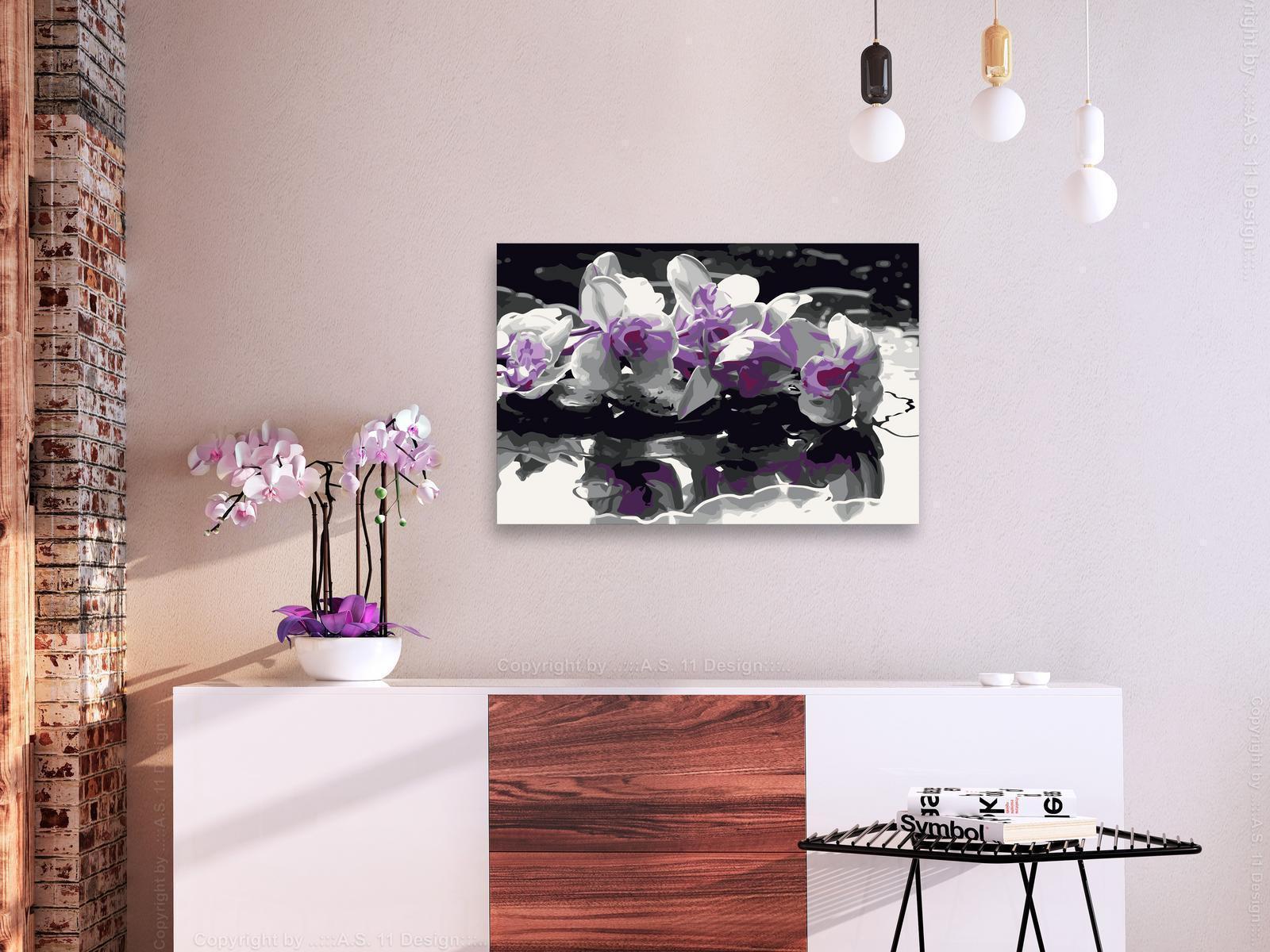 Malen nach Zahlen Purple Orchid Geschenk - raffiniertes Orchideen-Motiv mit schwarzem Hintergrund