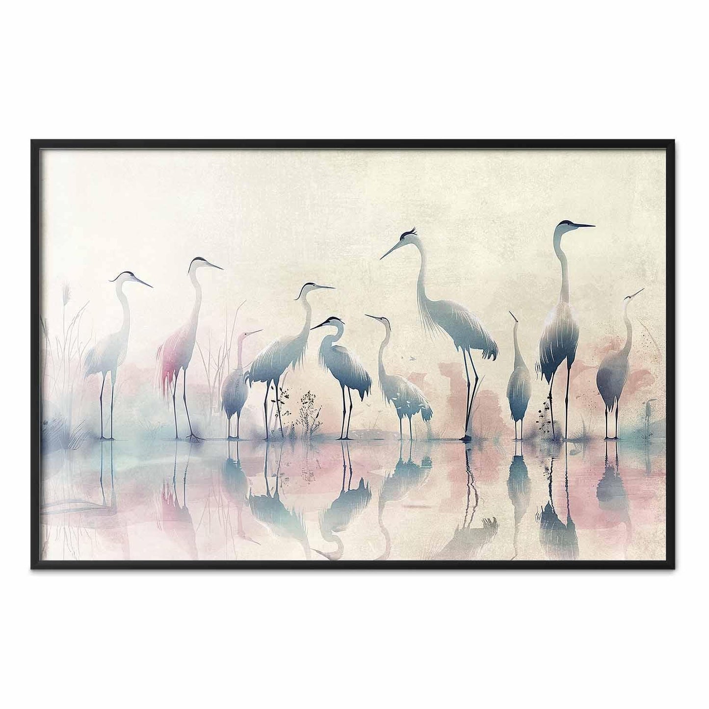 Poster - Birds by the Lake - herons painted in watercolor in a delicate, gray-pink palette