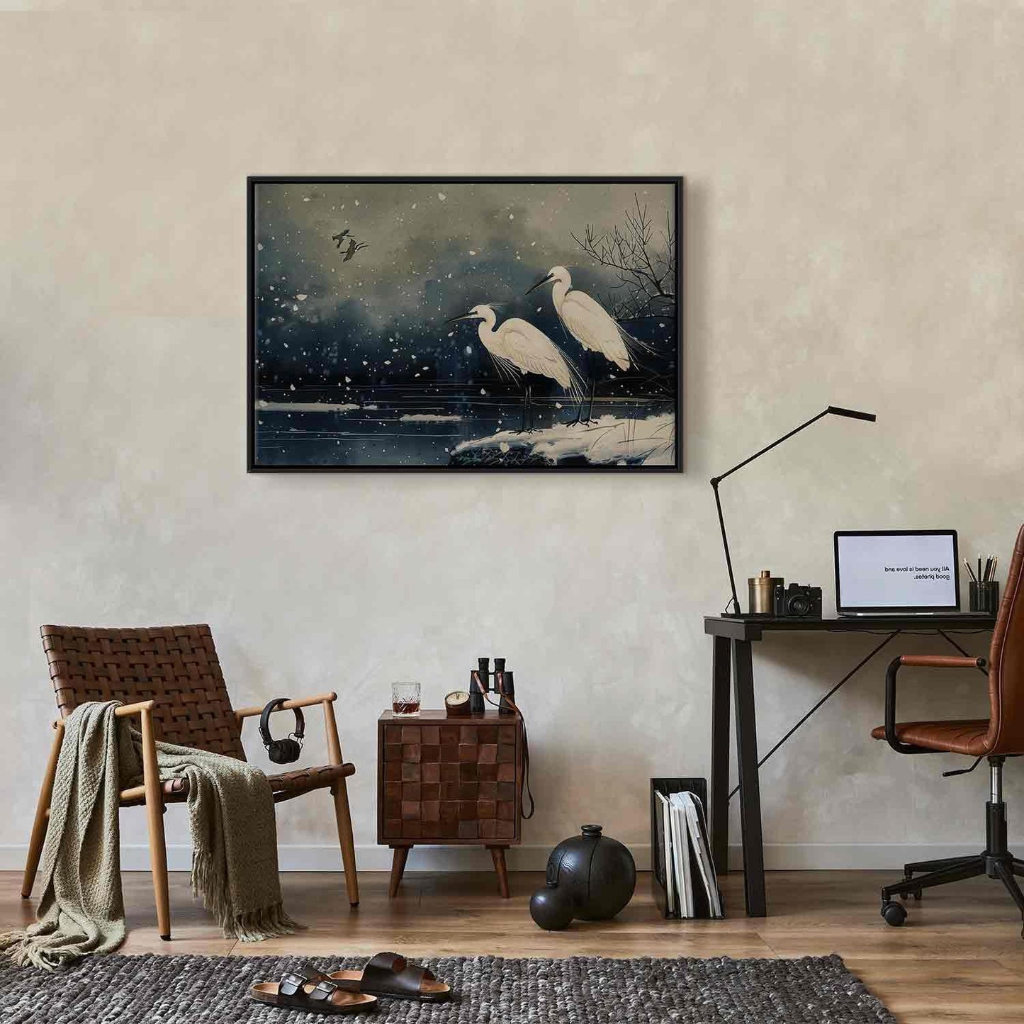 Leinwandbild - Herons over a winter pond - Japanese-style illustration in dark colours