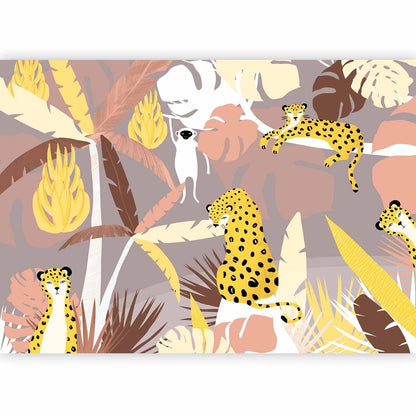 Fototapete - Cheetahs in the jungle - landscape with exotic animals with palm trees for children Artgeist