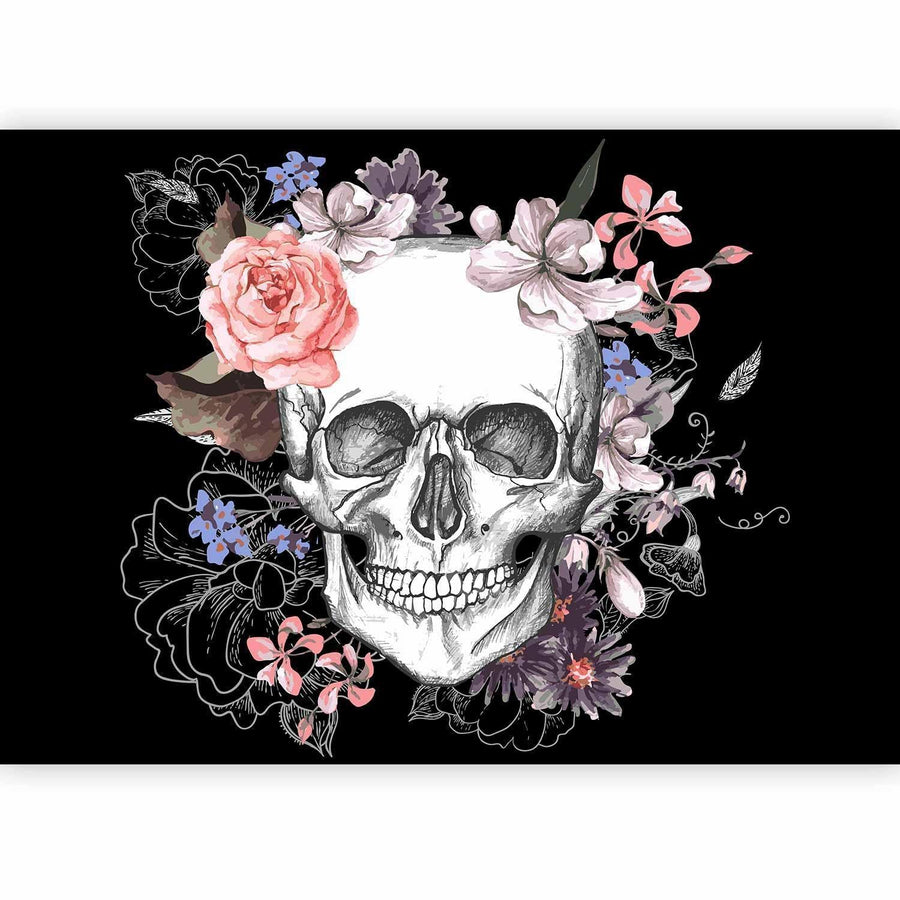 Fototapete Skull and Flowers – Schädel & Blumen in künstlerischem Kontrast