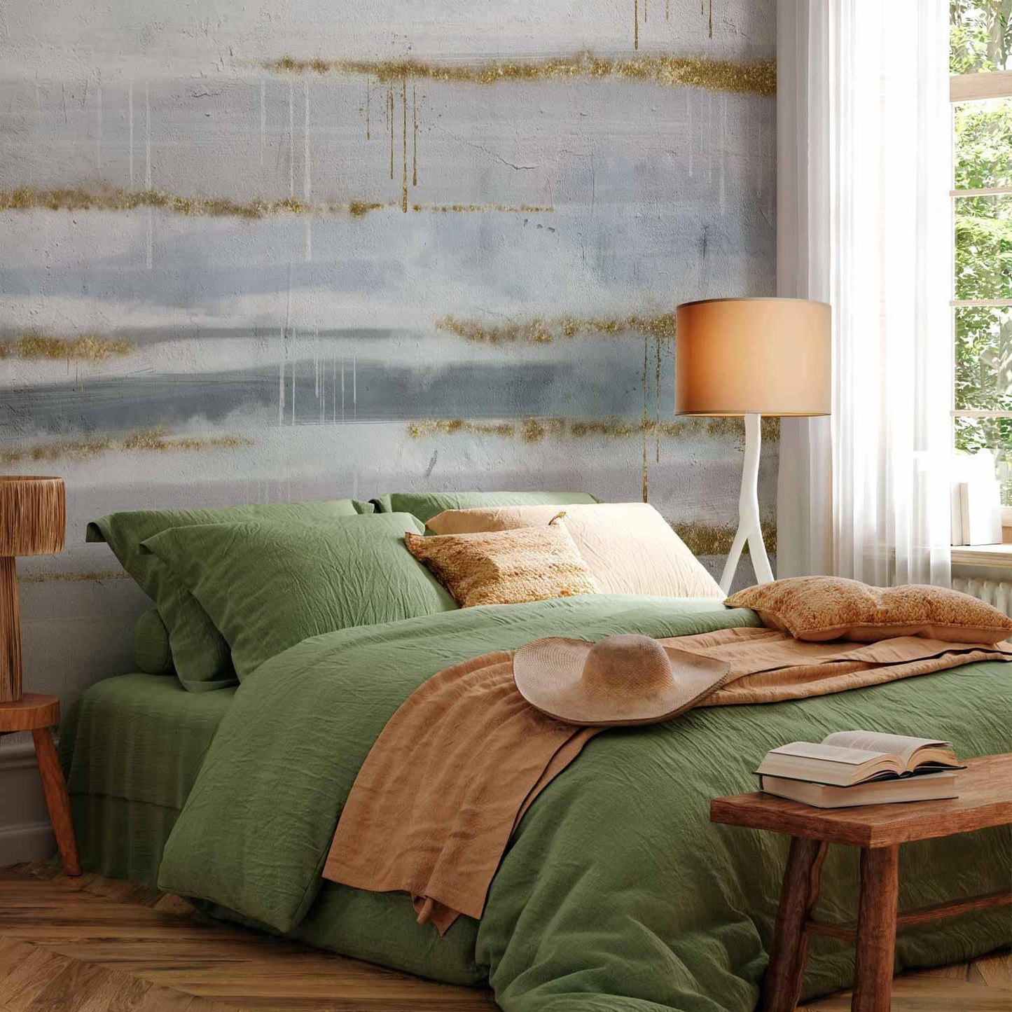 Fototapete - Modernist background - abstract stripes pattern with gold patterns