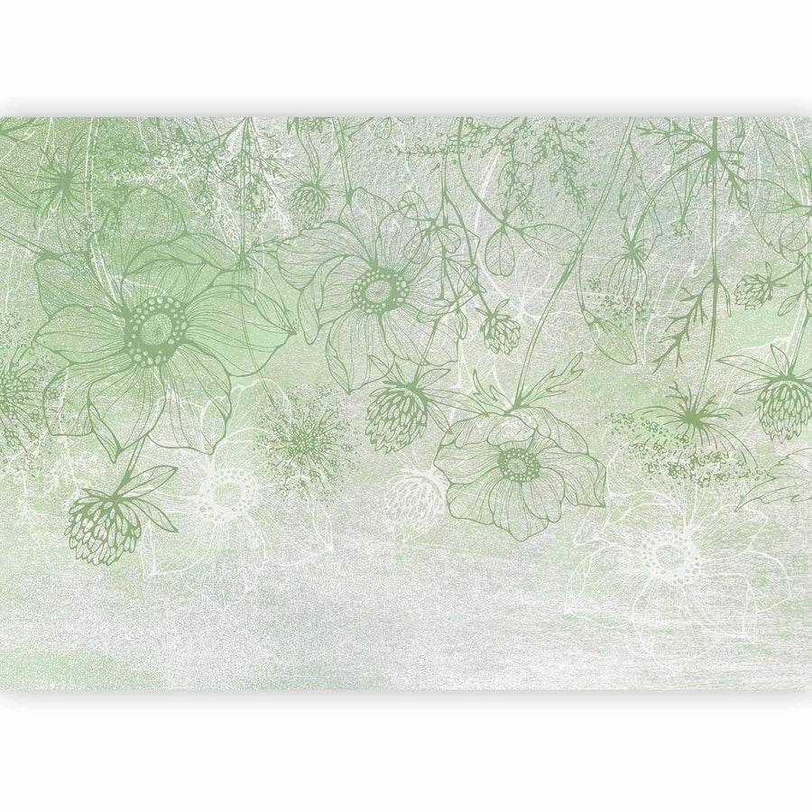 Fototapete - Flowery meadow - nature with field flowers lineart on green background Artgeist