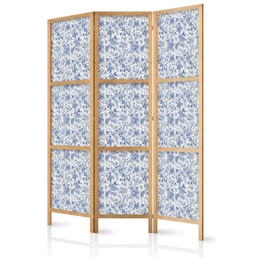 Japanischer Paravent - Illustration in Vintage Style - Blue Flowers on a White Background Artgeist