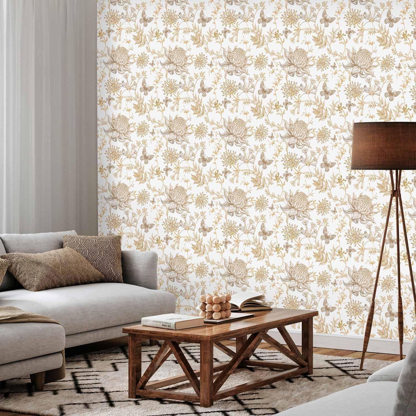 Tapete - Beige flowers and butterflies on white background