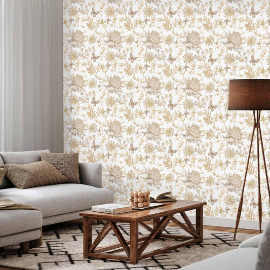 Tapete - Beige flowers and butterflies on white background