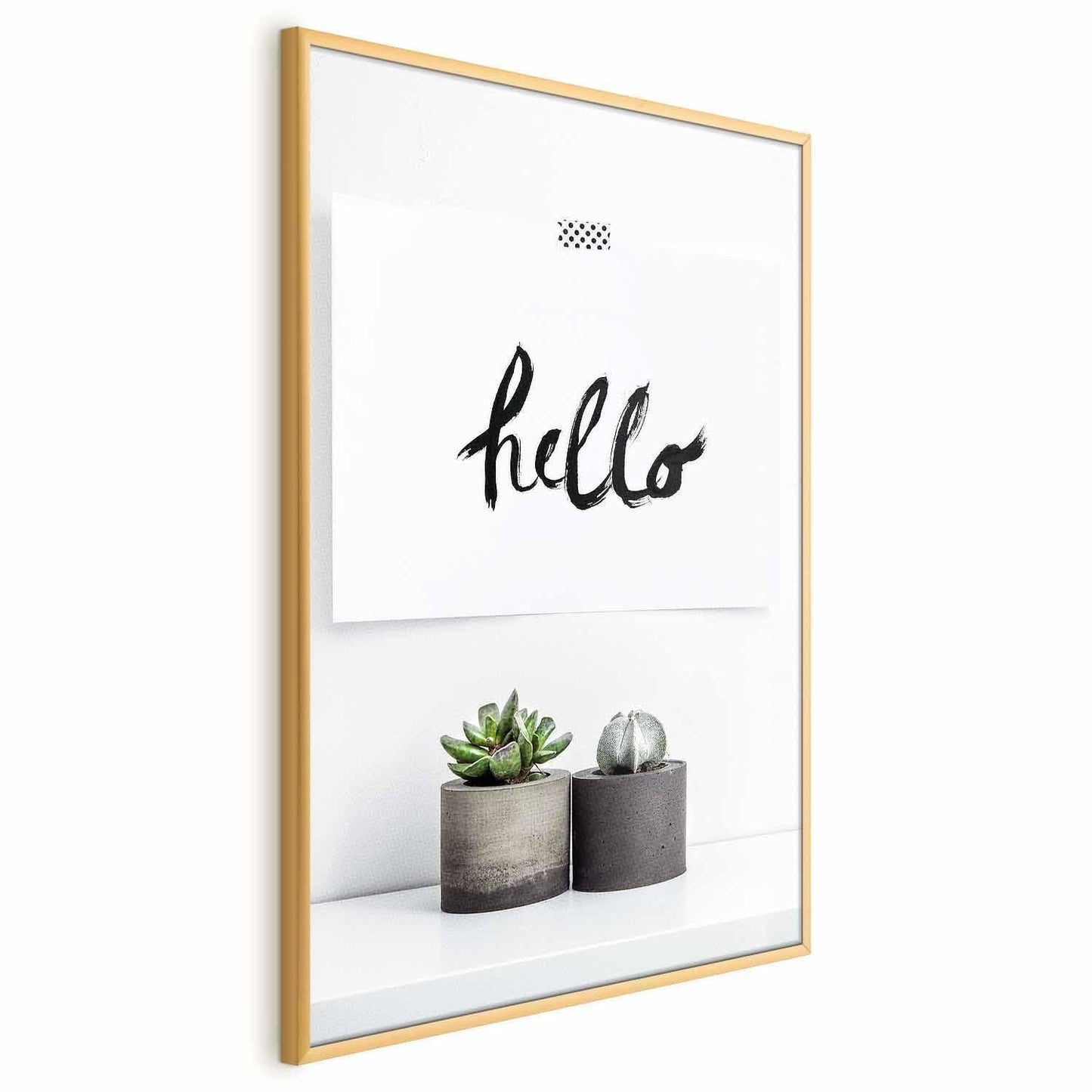 Scandinavian home poster with "hello" text in a gold frame.