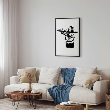 Poster of Banksy's Mona Lisa with rocket launcher on modern living room wall.