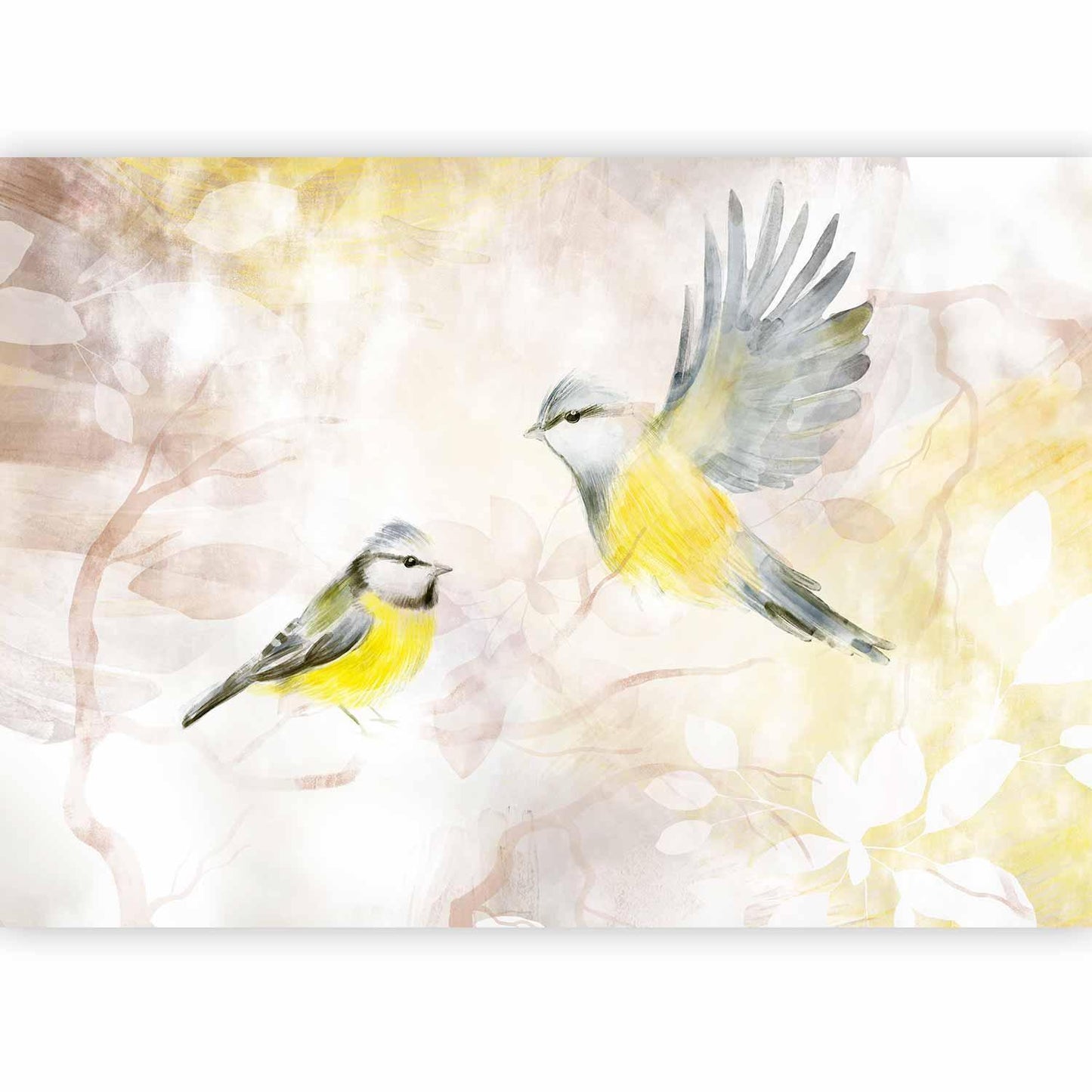 Fototapete - Painted tits - bird motif with patterns in yellow and beige tones Artgeist