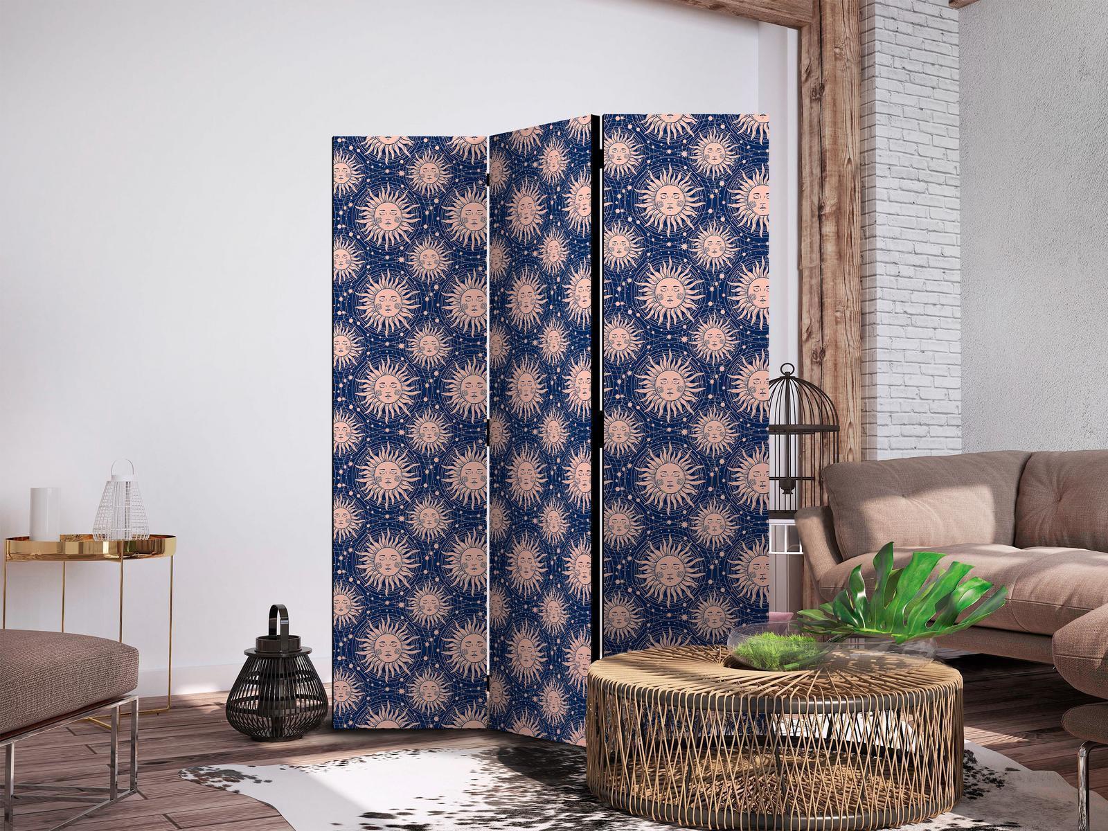 Paravent - Sunny Patterns - Repeating Sun Motif on a Navy Background Artgeist