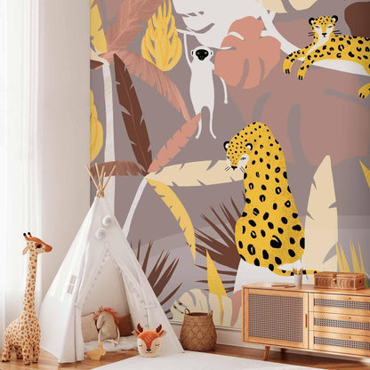 Fototapete - Cheetahs in the jungle - landscape with exotic animals with palm trees for children