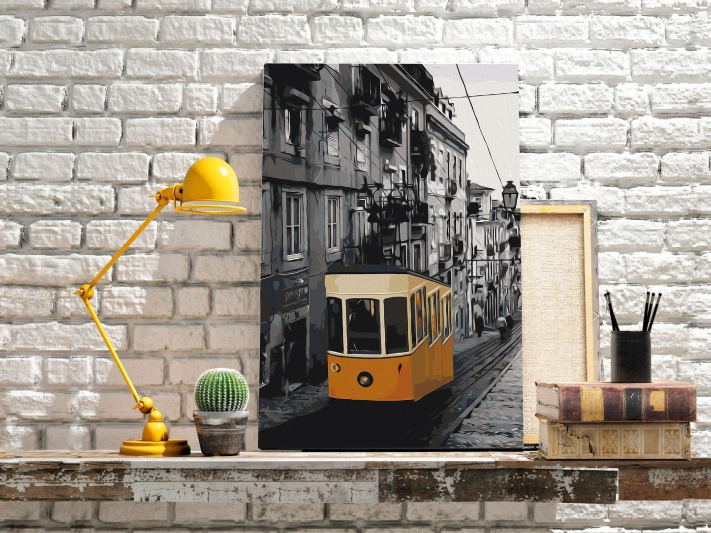 Straßenbahn Lissabon Wandbild zum Ausmalen - Historisches Städtemotiv mit nummerierten Feldern für entspannende Malstunden - Sawelt