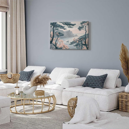 Leinwandbild - Mountainous Coast with Trees and Rocks in Light Pastel Blues