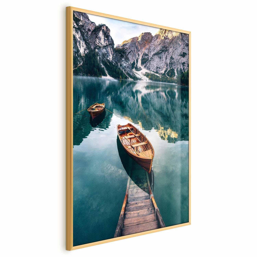 Poster featuring boats in the Dolomites landscape with a gold frame, ideal for elegant interior decoration.