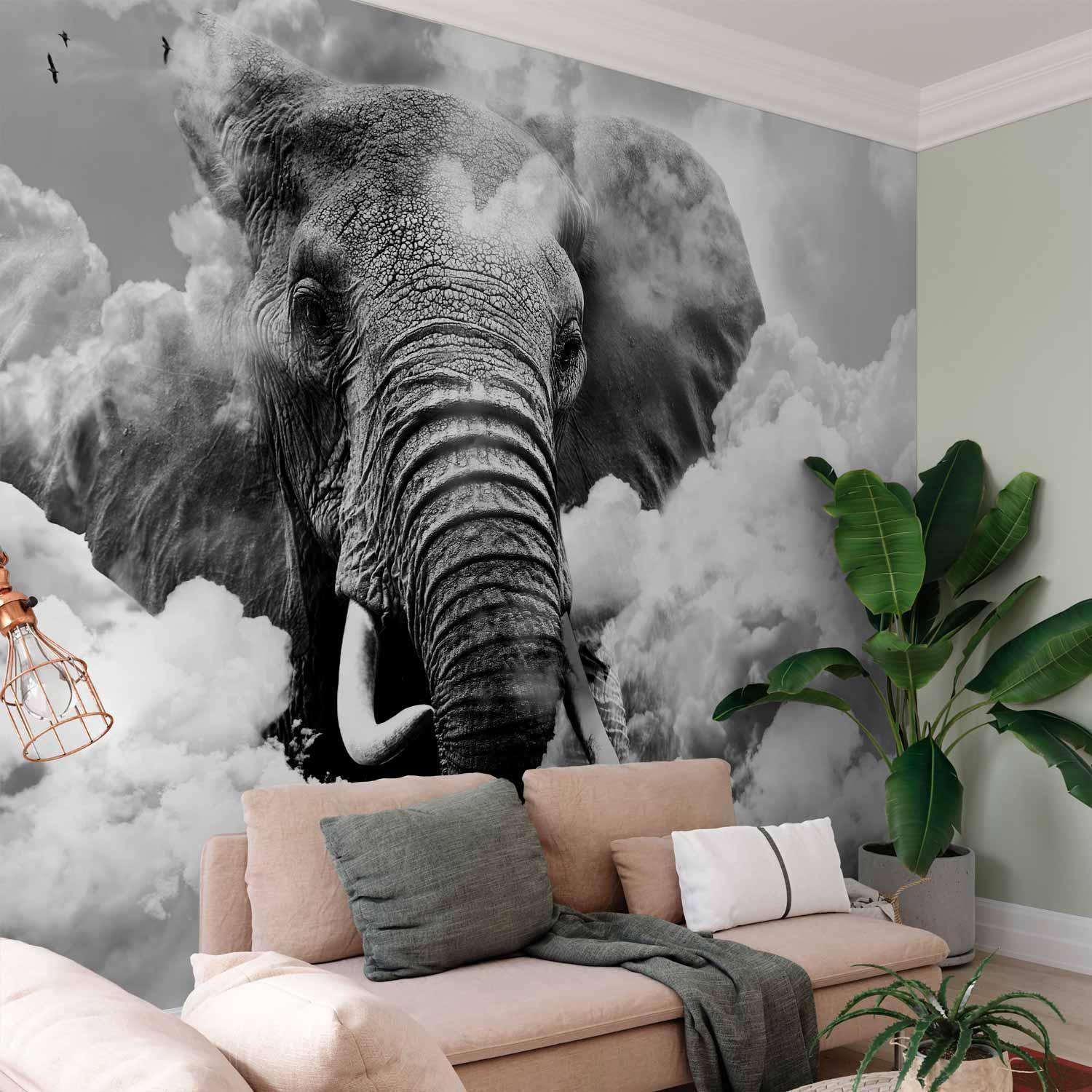 Fototapete - Elephant in the Clouds (Black and White) Artgeist