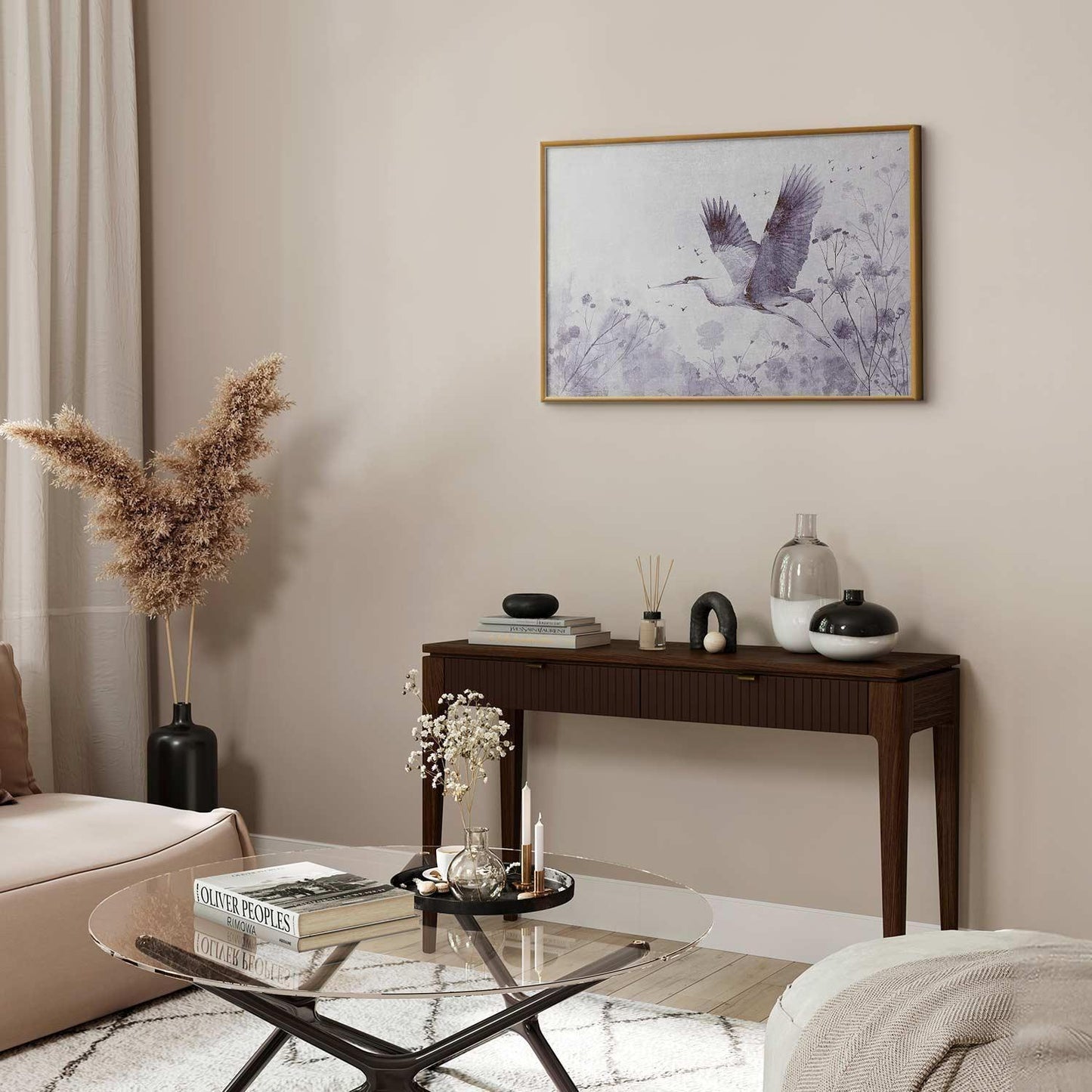 Poster - Majestic Flight - crane in flight in a monochromatic, cool color palette