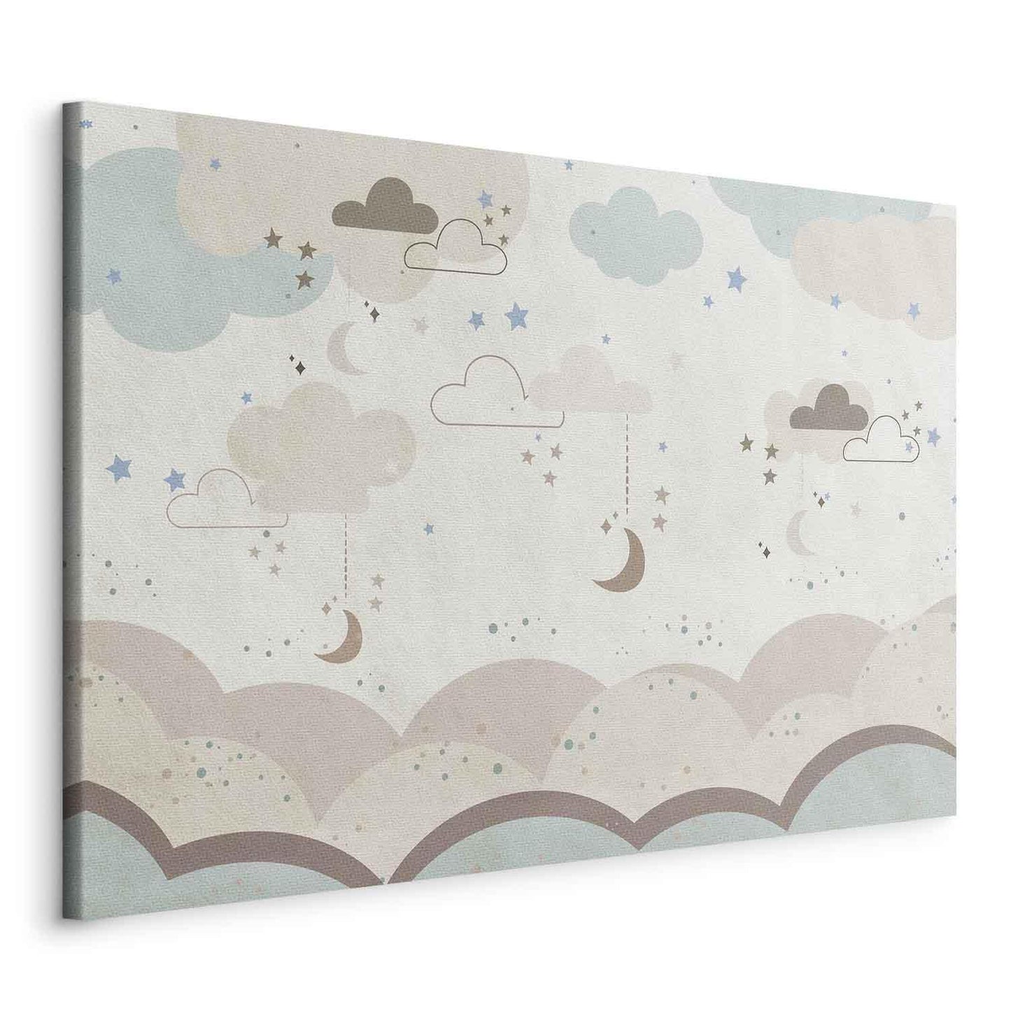 Leinwandbild - Cloudy Night Sky - Moons in Brown and Beige Hues Among Clouds and Numerous Little Stars on a Light Background