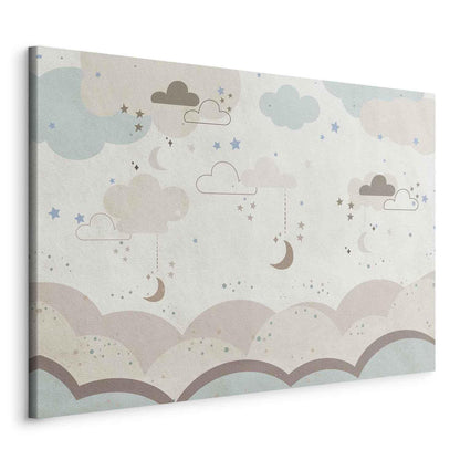 Leinwandbild - Cloudy Night Sky - Moons in Brown and Beige Hues Among Clouds and Numerous Little Stars on a Light Background