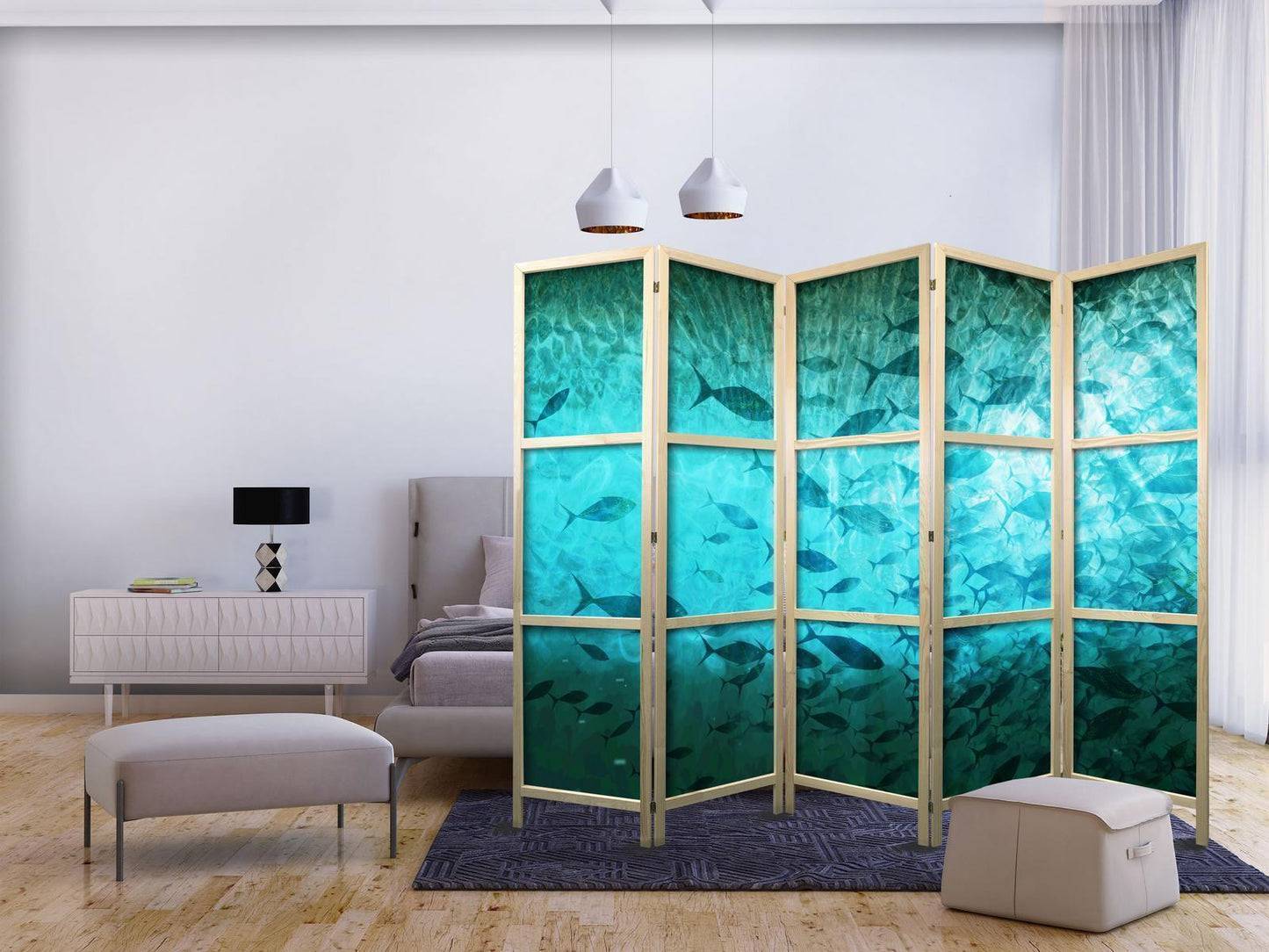 Japanischer Paravent - Underwater Paradise - Numerous Schools of Fish in a Beautiful Turquoise-Blue Depth Illuminated by the Sunlight