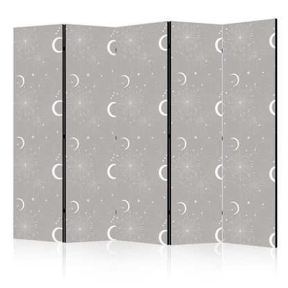 Paravent - Cosmic Fireworks - Elegant Pattern with Moons and Stars on a Gray Background Artgeist