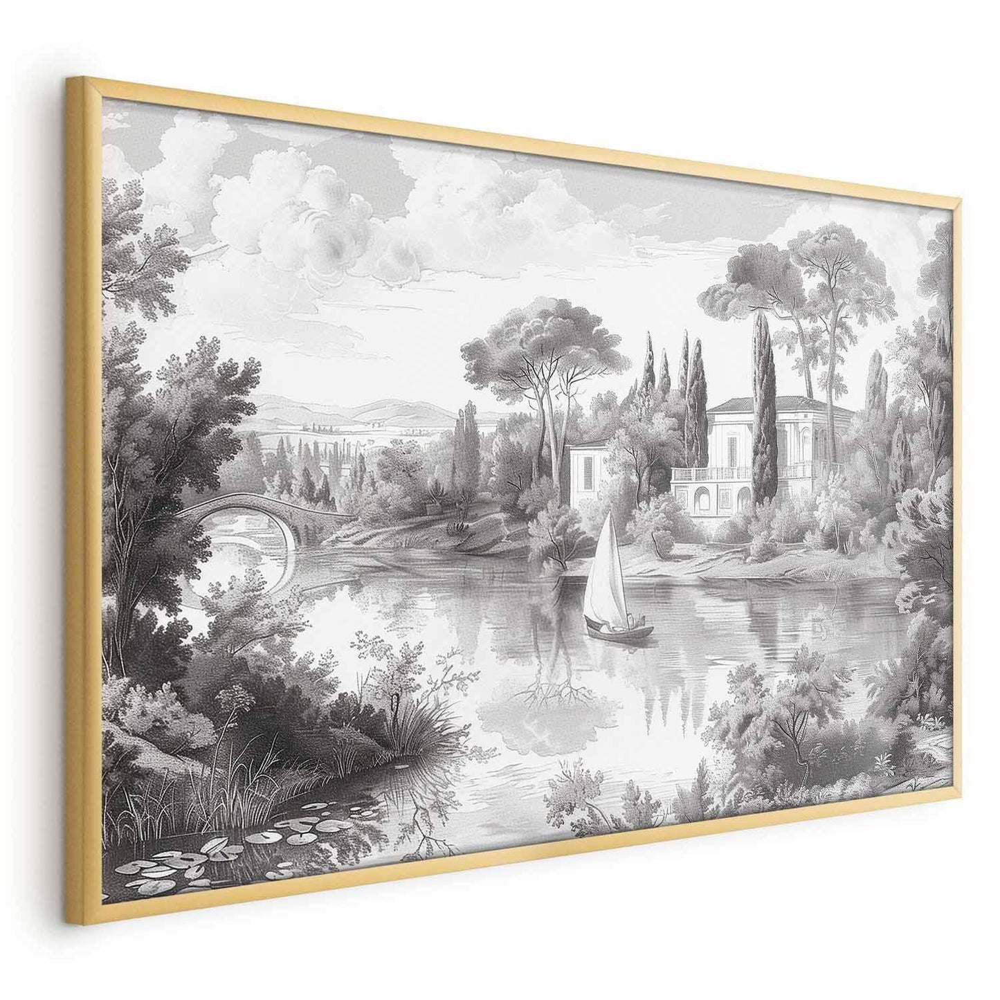 Poster - Black-and-White Vintage Landscape with a Pond Artgeist