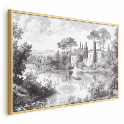 Poster - Black-and-White Vintage Landscape with a Pond Artgeist
