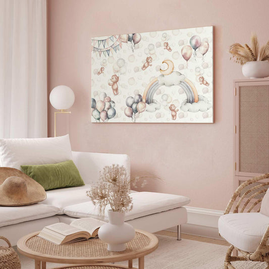 Leinwandbild - Toy Bears with Balloons - Flying Plush Bears Among Balloons Clouds and Rainbows in Subtle Pastel Hues Artgeist