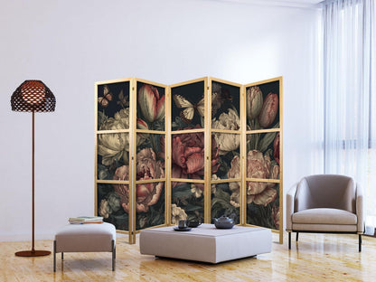 Japanischer Paravent - Floral Illustration - Magnificent Flower Buds on a Turquoise Background