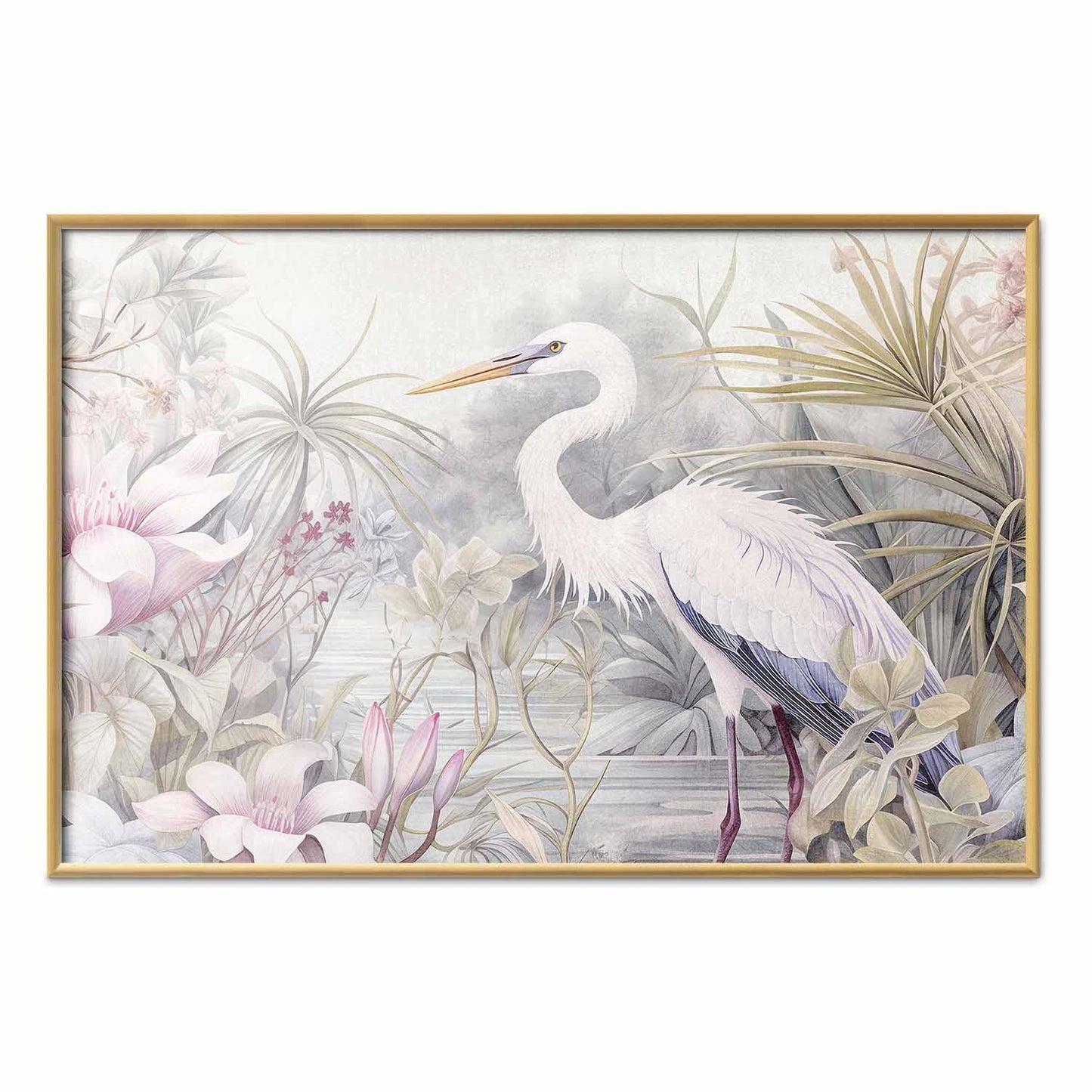 Poster - Heron Wading in a Pond - illustration in light colors