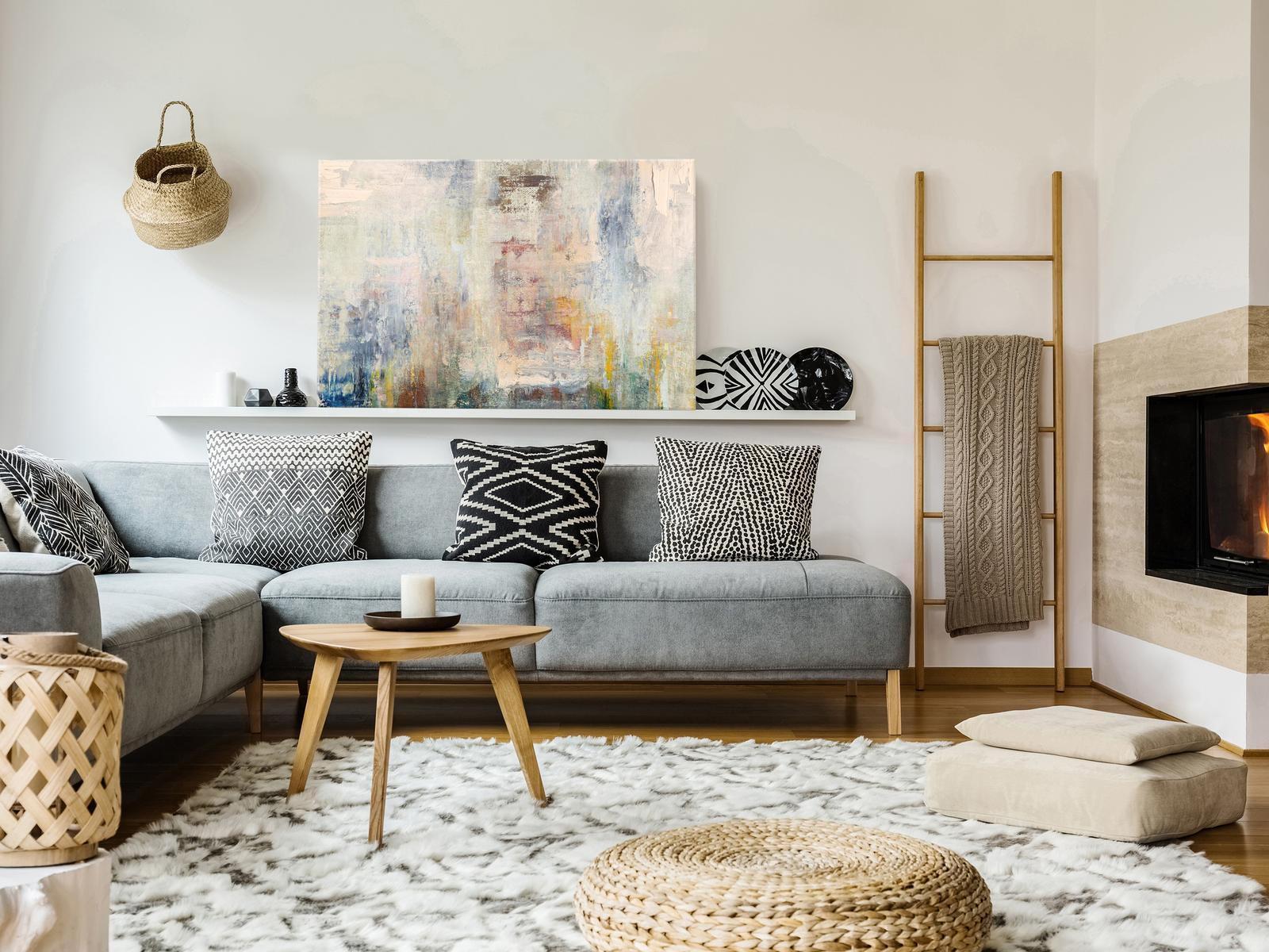 Canvas wall art titled "Nebula of Thoughts" in a modern living room setting.
