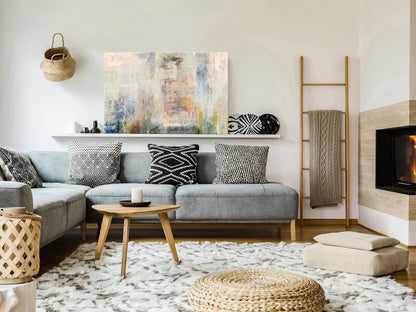 Canvas wall art titled "Nebula of Thoughts" in a modern living room setting.