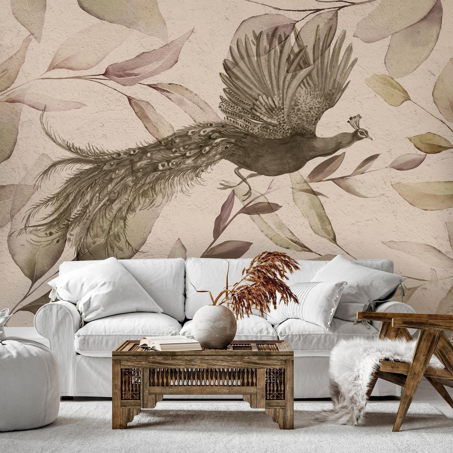 Fototapete - Bird among the leaves - floral motif with a flying peacock in cool tones Artgeist