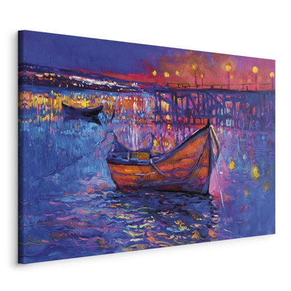 Leinwandbild - Modern impressionism - night landscape of a lake with a floating boat